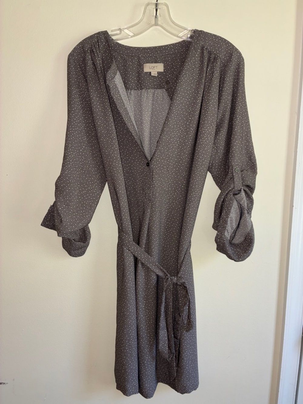 LOFT Charcoal Dot Faux-Wrap Midi Dress